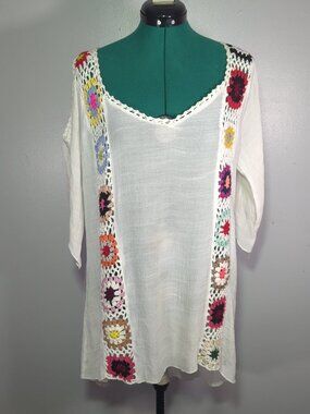 SHEIN Boho Crochet Trim Tunic Top White Size Small Festival Cottagecore